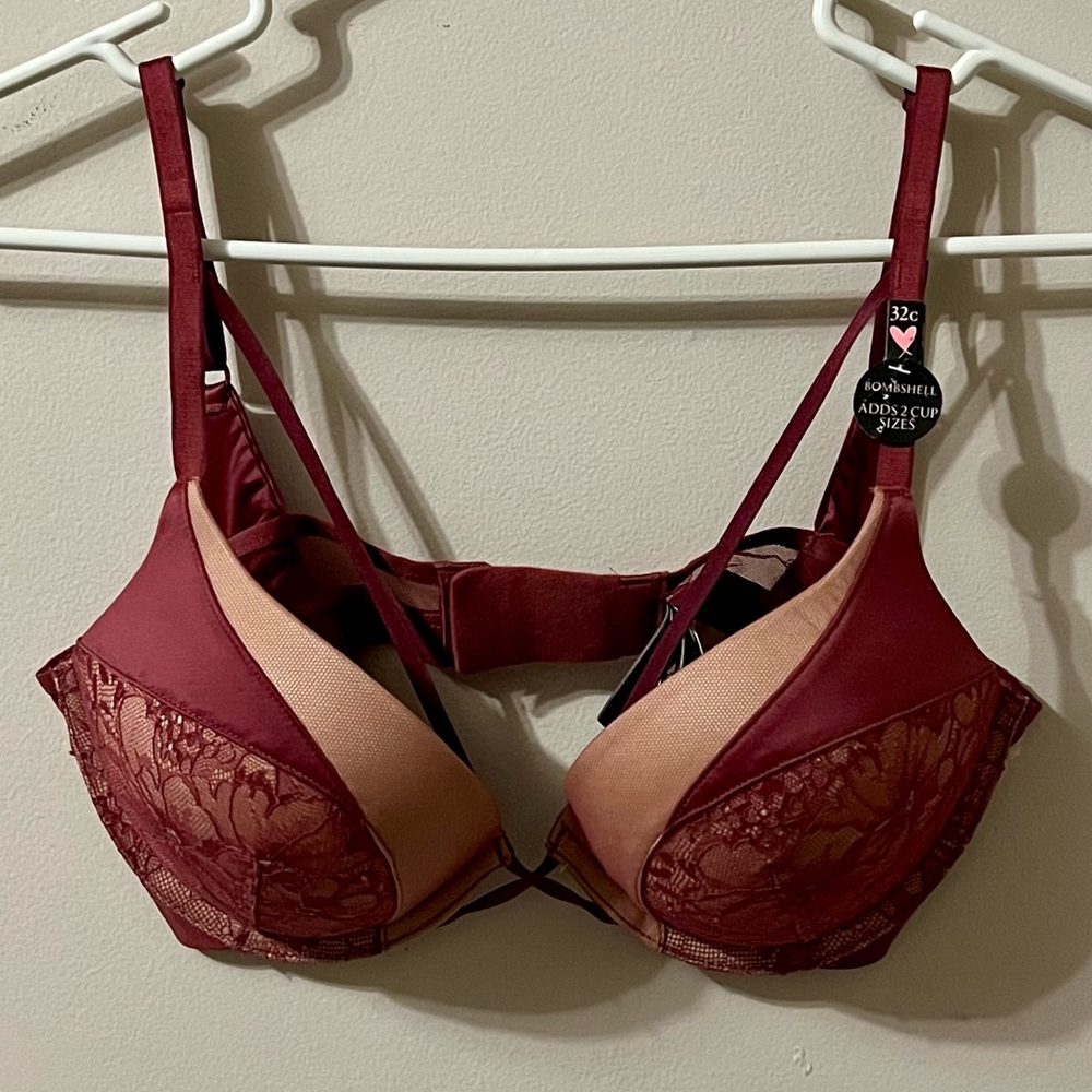 Victoria’s Secret Bombshell Add 2 Cup Push Up Bra 32C Lace Burgundy Pink NWT